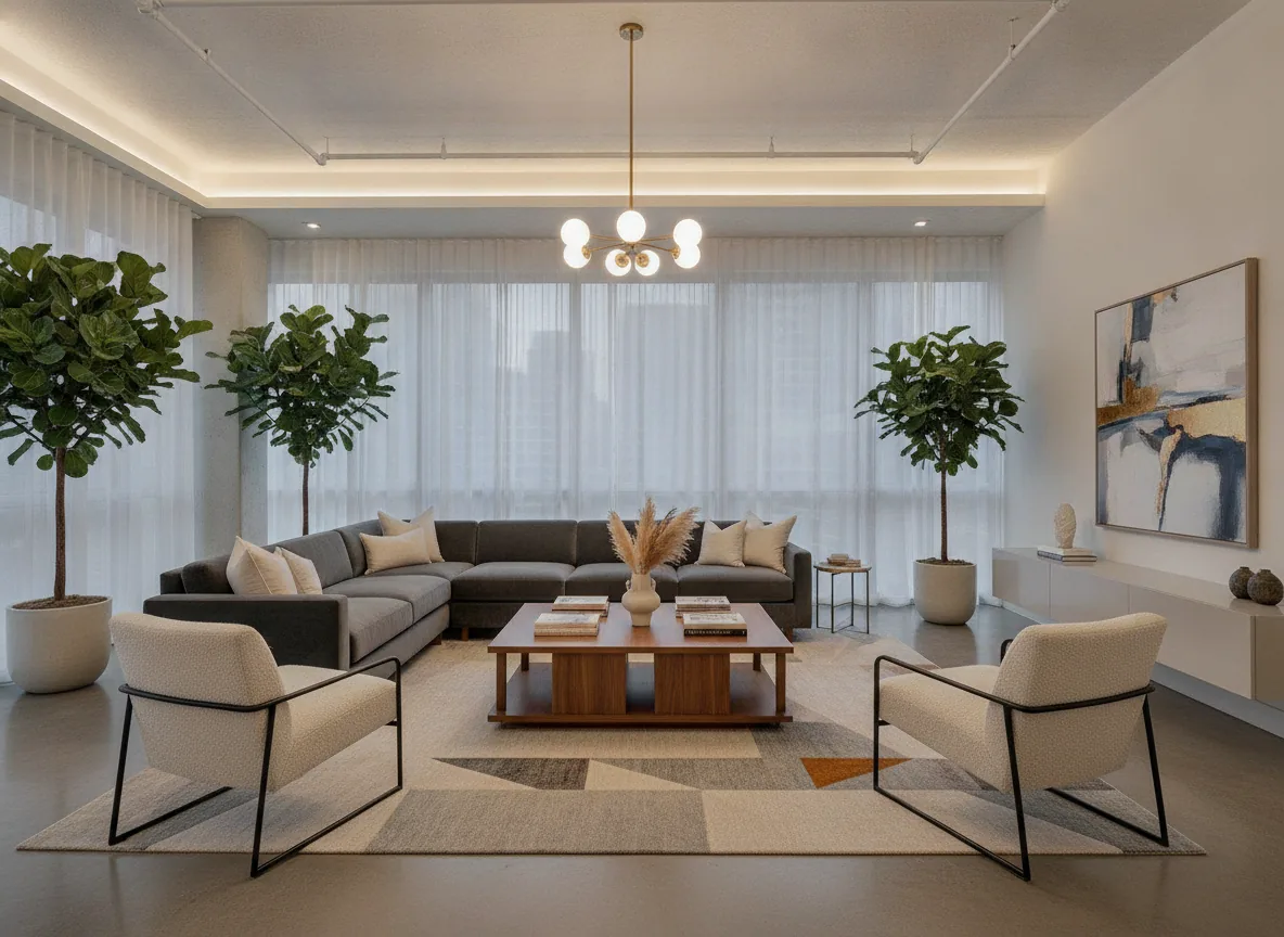 Elegant modern living room interior with stylish sofa