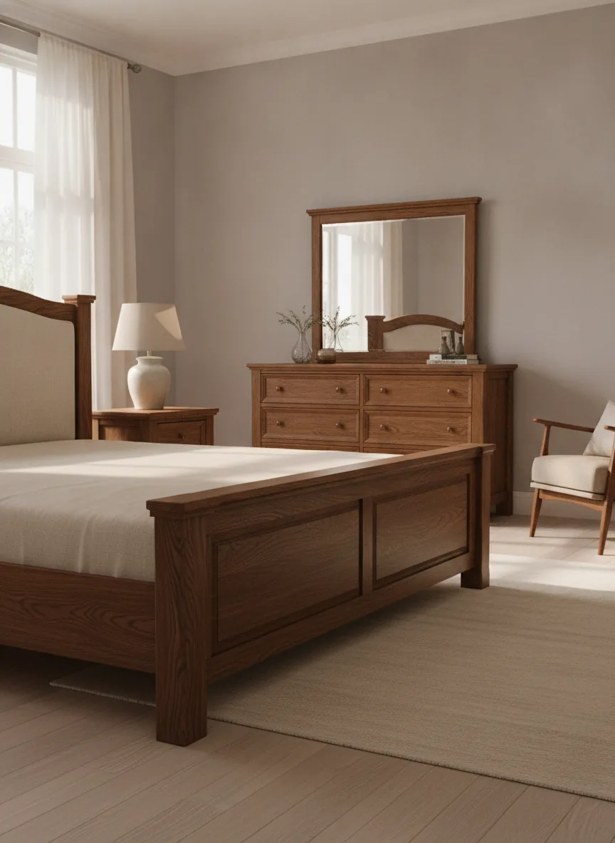 Real photo of a well-crafted wooden bedroom or