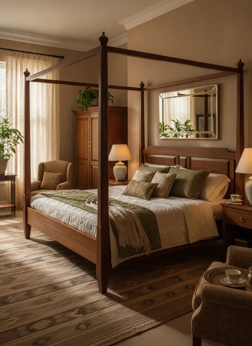 Premium wooden bedroom furniture setup with a neatly