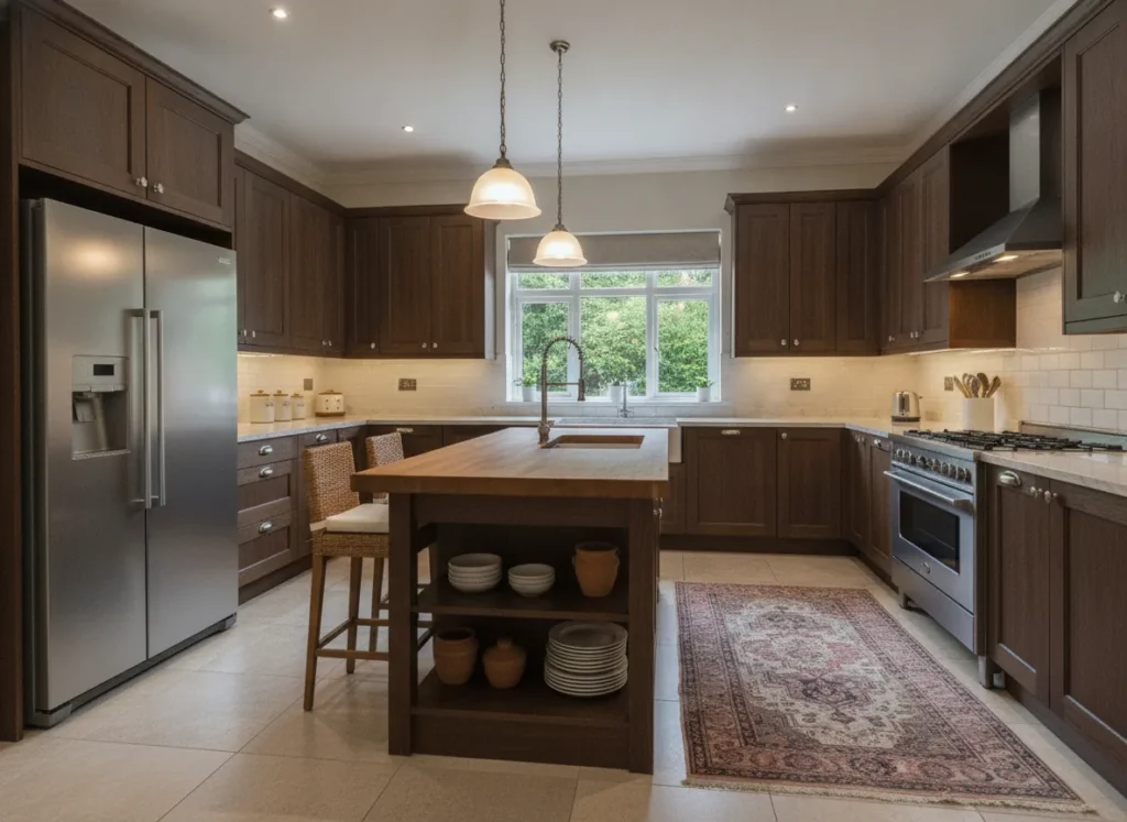 Modern Pakistani kitchen interior with elegant wooden cabinets,